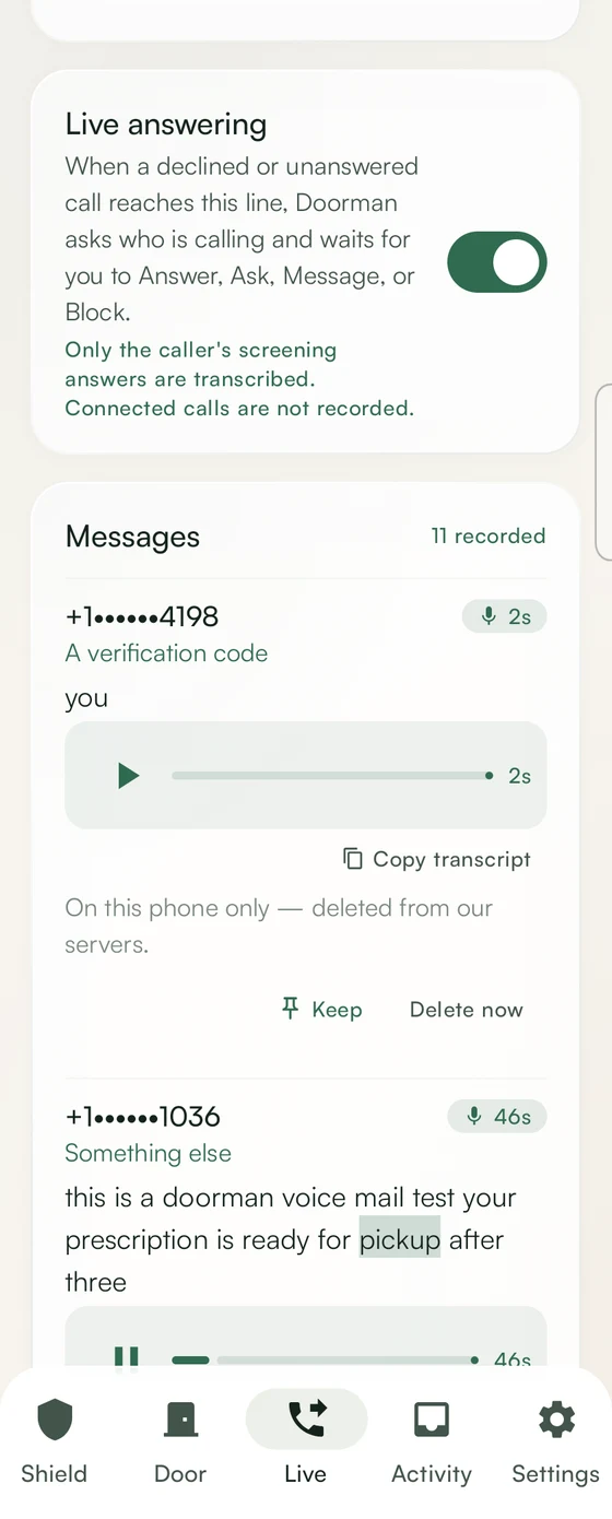 The Live tab in Doorman, showing a caller's introduction with Answer, Message and Block.